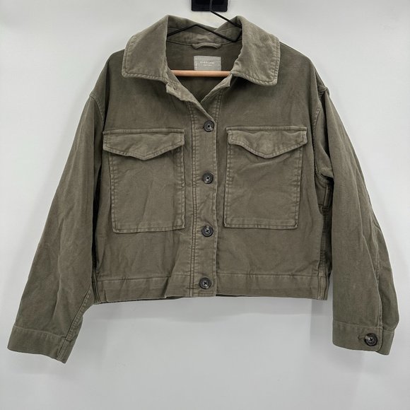Everlane The Moleskin Utility Olive Green Distressed Cropped Jacket - Picture 2 of 9